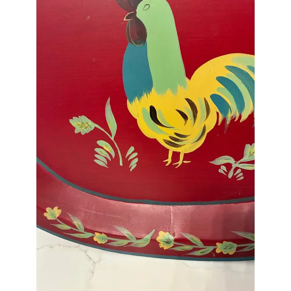 Tole Rooster Serving Tray Metal Oval Painted Red Large Vintage Farmhouse Cottage